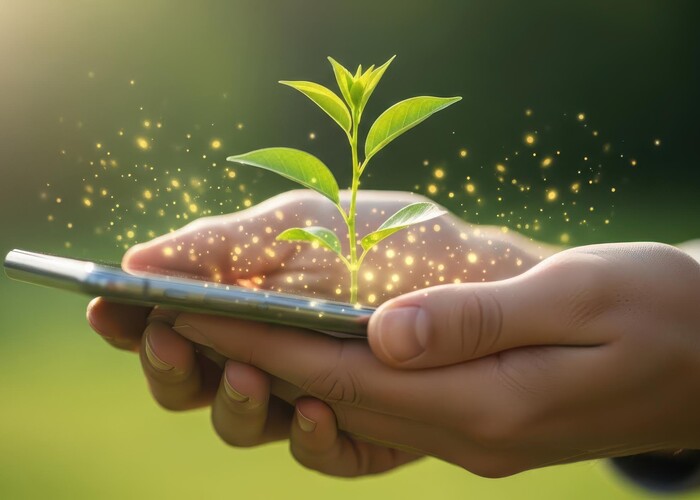 Hände halten ein Smartphone aus dem eine Pflanze wächst