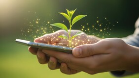 Hände halten ein Smartphone aus dem eine Pflanze wächst