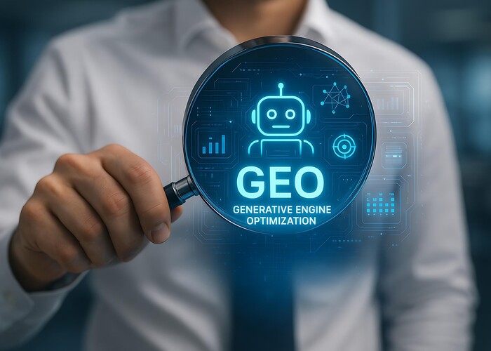 Ein Mann mit einem auf das schwebende Wort "GEO" gerichteten Vergrößerungsglas