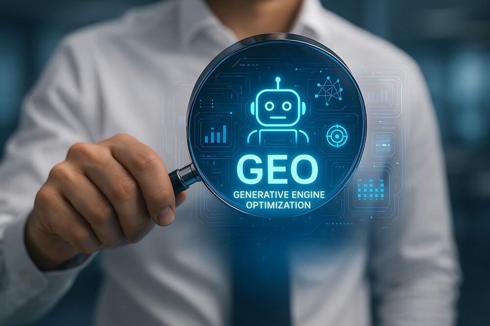 Ein Mann mit einem auf das schwebende Wort "GEO" gerichteten Vergrößerungsglas