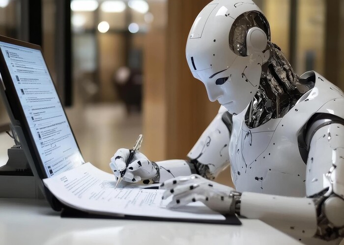 Humanoider Roboter füllt ein Formular aus