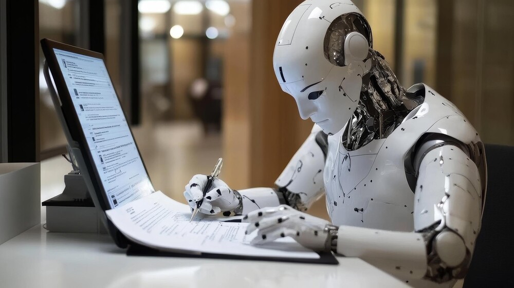 Humanoider Roboter füllt ein Formular aus
